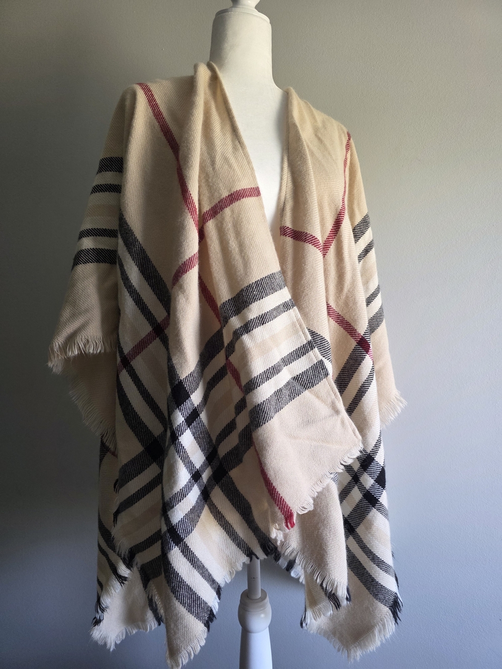 V. FRAAS Cream Plaid Wrap with Black and Red Accents